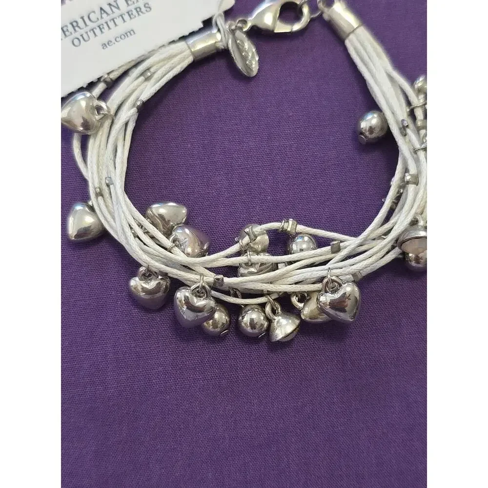 American Eagle Outfitters White Multistrand Bracelet Silver Tone Dangles New 6.5